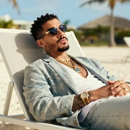 bad bunny relaxing in aruba, hyper realistic, highly detailed, award winning photo