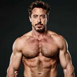 robert downey jr as a bodybuilder, masculine, hairy torso, 4 k hd