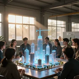 crowd of people in simple windowed warehouse, looking at hologram of futuristic city on a table, cinematic concept art, godrays, golden hour, natural sunlight, 4 k, clear details, tabletop model buildings, center model buildings, hologram center, crane shot, crane shot, crane shot