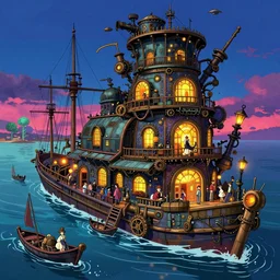 steampunk, port, water, glowing lights, epic fantasy, colorfully, digital art, highly saturated colors, concept art, detailed illustration, hd, 4 k, digital art, greg rutkowski, dan mumford, studio ghibli trending on artstation