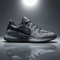 nike shoe made of very intricate black fractals placed on reflective surface, professional advertising, overhead lighting, heavy detail, realistic by nate vanhook, mark miner