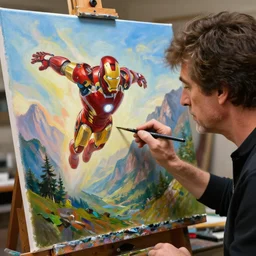 a closeup photorealistic photograph of bob ross at his studio. bob is working on a canvas painting of iron man flying across the canvas. mountain scape. film still, vibrant colors. this 4 k hd image is trending on artstation, featured on behance, well - rendered, extra crisp, features intricate detail, epic composition and the style of unreal engine.