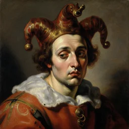 painting of sad jester, oil painting by caravaggio, 1 7 th century, art, oil on canvas, wet - on - wet technique, baroque, realistic, expressive emotions, intricate textures, illusionistic detail, 4 k