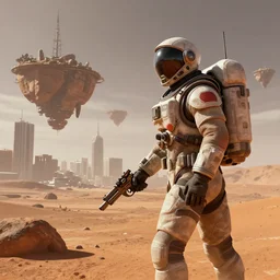 city in background, floating islands, space soldier with a gun. setting on mars, high details, artstation, octane render, concept art