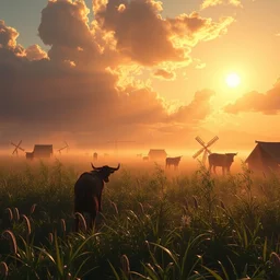 a farmer farming in war, blazing sky, unreal engine, chrome reflect, greg rutkowski's fantasy art, global lighting, shining light, detailed and complex environment, midjourney style