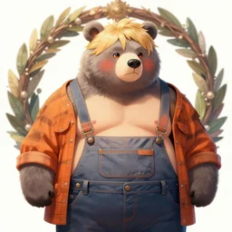 blushing, a bear sumo anthro, blonde hair, grey fur, wearing overalls and a orange flannel posing seductive, looking seductively, ornate wreath, style in akihito tsukashi focus