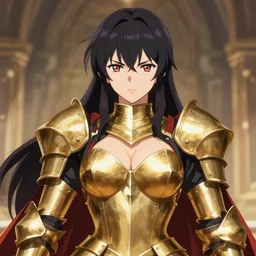 knight woman with big bra, brass armor in anime style