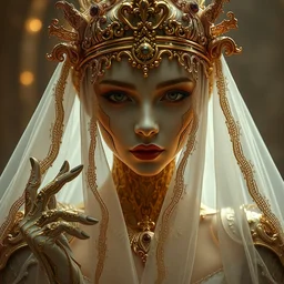 masterpiece ultrarealistic ultradetailed stefan gesell medium shot robot cyberpunk of catholic veiled, intricate, elegant, dramatic lighting, greg rutkowski, immerse,, special effects makeup, maximalist, glittering, gold, ivory, hyperreal, golden ratio, alphonse mucha