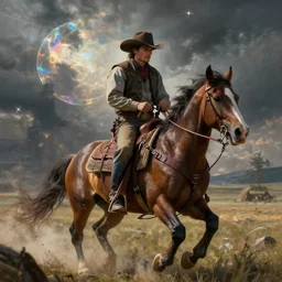 fantasy book cover painting, dramatic shot of a cowboy riding a horse, ultradetailed, wallpaper, 4k, prismatic