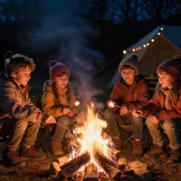 little kids sitting around a campfire at night roasting marshmallows, highly detailed,