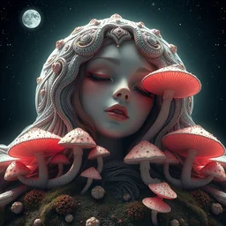 a bio - mechanical pretty sleeping giant woman with mushrooms as camouflage, by takato yamamoto and giovanni paolo panini and kris kuksi and mandelbrot. subject in view, symmetrical composition f 1 1 : 6 volumetric lighting, dynamic light, moonlighting, light pink and pink and gold detailing, dynamic lighting, starry background, micro details, 8 k, 3 d render, trending on artstation and cgsociety : 1 jpeg artifacts, signature, signatures, blur, shallow depth of field, text : - 3