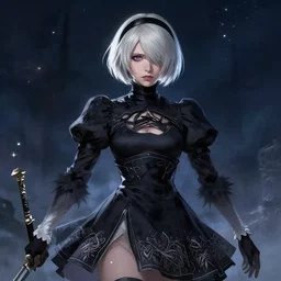 a girl from final fantasy live action, nier automata, evocative, mystical night, very very very very detailed, award winning, masterpiece digital painting by greg rutkowski, alex grey, artstation, 4 k wallpaper
