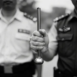 stunning bw film photograph of ( ( ( ( policeman holding a plumbus ) ) ) ), closeup, aperture 1. 2