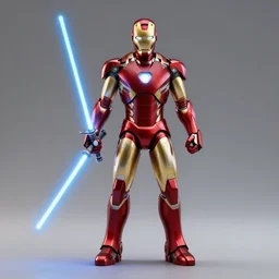 a figurine of iron man holding a light saber, octane render, full body