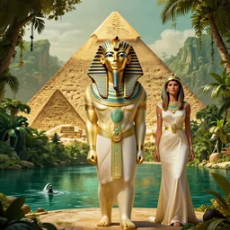 donald trump as pharaoh, melania trump as egyptian queen, elegant, majestic, powerful, pyramids, anunaki, hieroglyphs, lush, rainforest, river, green, river god, wilbur smith, gold, trump tower