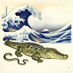 drawing of a crocodile with snake, by william blake, by hokusai, by todd schorr, by mark ryden, by john tenniel