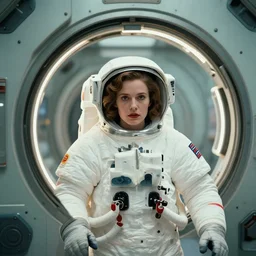 wes anderson film still of a gucci woman astronaut, intricate abstract. being entered by machine, portrait, highly detailed, deep focus, elegant, illuminated, elegant, highly detailed, digital painting, artstation, hifructose, in the style james jean, concept art, smooth, sharp focus, illustration, art by artgerm and greg rutkowski and alphonse mucha