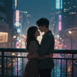 hugging the love of your life in the rain at night in a modern chinese city on a bridge, volumetric lighting, realistic illustration, perfectly shaded, soft painting, dreamlike, neon signs, moody lighting, artstation, backlight, bokeh, silhouette