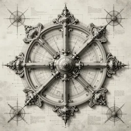extremely technical and detailed blueprint with precise technical details and complex diagrams. engineering diagrams, center frame, intricate details, ultra-detailed, baroque style, illustration, desaturated, concept art