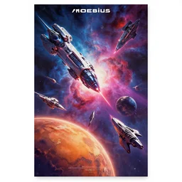 retro futuristic sci - fi poster by moebius and greg rutkowski and syd mead and john berkley, epic spaceships battle, nebulae, planet mars, rule of third, high quality, cinematic, digital painting, vibrantly lush neon lighting, beautiful volumetric - lighting - style atmosphere