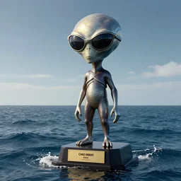 a long shot of a giant award winning sculpture of an alien wearing futuristic sunglasses on the surface of the ocean, in the style of chad knight, hyper detailed, hyper realistic, ray tracing, 8 k resolution, sharp focus