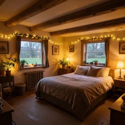 wide - angle photograph of cozy hygge bedroom in scottish countryside house, wood, plants, dim warm christmas lights