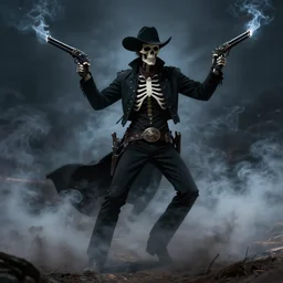 ghostly tall skeletal cowboy in black outfit with smoking guns, wreathed in dark smoke dancing, scenic full shot, ambient lighting, detailed face, by rembrandt, stanley artgerm lau, wlop, rossdraws
