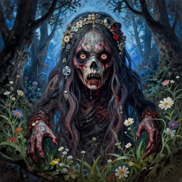 a pretty but sinister and creepy monster in layers of fear decoupage, with haunted eyes, dramatic lighting, violence in his eyes, 1 9 7 0 s, seventies, delicate embellishments, a little blood, woodland, blue dawn light shining on wildflowers, painterly, offset printing technique, by walter popp, alexandre cabanel