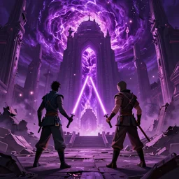 a duel between 2 jedis standing in the ruins of crux prime, destroyed monastery, purple fiery maelstrom in the distance, digital art, artstationhq