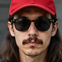 the portrait of a man with sunglasses, a red cap, mustache, long hair, detailed face, portrait, high detail, ultra realistic, high quality, high definiton, hyper realistic, 4 k uhd,