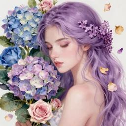 a lilac hair beautiful goddess of light, colourful hydrangeas flowers, soft roses, and dried petals, painterly, emotionally evoking methaphoric, ornamental, intricate and elegant, highly detailed photorealistic painting, decorative lines, sharp focus, golden ratio, by tomasz alen kopera and john william godward,