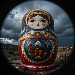 ominous creepy matryoshka doll, fisheye lens
