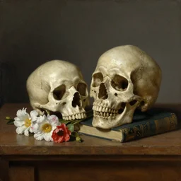 19th century academic painting of a still life featuring a skull, flowers and books