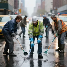 closeup portrait of a group of cleaners fighting puddles traffic in rainy new york street, by Steve McCurry and David Lazar, natural light, detailed face, CANON Eos C300, ƒ1.8, 35mm, 8K, medium-format print