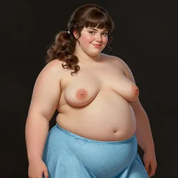 full body portrait of teenage betty cooper, obese, bangs, sultry, realistic, sultry smirk, ponytail hairstyle, fluffy bangs, curly bangs, sky blue skirt, fat, belly, intricate, elegant, highly detailed, digital painting, artstation, concept art, smooth, sharp focus, illustration, art by wlop, mars ravelo and greg rutkowski