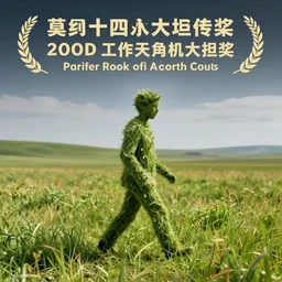 lonely figure made of grass crossing a vast prairie, photorealistic facial traits, partial symmetry accurate features, very intricate details, focus, award winning