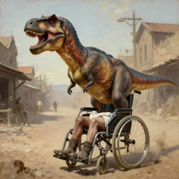 oil painting of tyrannosaurus rex with diaper in wheelchair, in dusty wild west street, art by anders zorn, wonderful masterpiece by greg rutkowski, beautiful cinematic light, american romanticism by greg manchess, jessica rossier