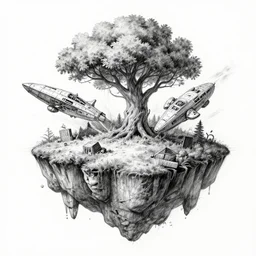 black and white pencil sketch of floating island with a large tree and a crash landing of an ancient spacecraft