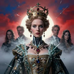 portrait of a cyborg queen elizabeth, shattered glass, regal jewellery, crown, cinematic light, backlight, red sky blue, mist, clouds, by mikhail vrubel, by philippe druillet, by wlop, by peter elson, by gerald brom, muted colors, ( extreme detail ), trending on artstation, 8 k