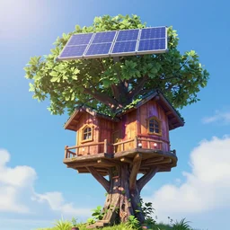 Treehouse from the Pixar movie Up, solar, bright sky, vivid colors, beautiful