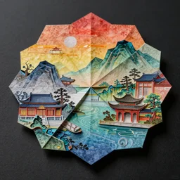 artwork, liquid ornament with paper elements, natural shapes, origami, colorful gradients, layers of the object, traditional chinese folk, extreme details, patterns, handwork, ink and acrylic paints, sharp focus