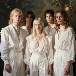 kitsch fashion, androgynous people in white clothes, new age, vogue
