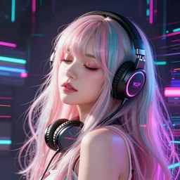 beautiful portrait of a woman with pastel long hair with her eyes closed facing the camera with headphones on in the style of a code vein character, momo from twice in code vein in the style of WLOP, artgerm, yasutomo oka, rendered in unreal engine and redshift octane , dynamic dramatic lighting, soft lighting, imagine fx, artstation, cgsociety, by Bandai Namco artist, background is surrounded by epic neon glitch effect digital art