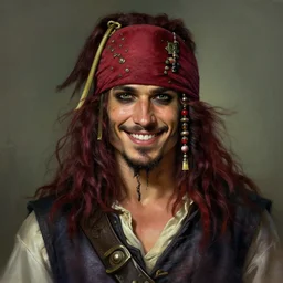 portrait of a young ruggedly handsome but joyful pirate, male, masculine, upper body, deep crimson hair, long hair, d & d, fantasy, roguish smirk, intricate, elegant, highly detailed, digital painting, artstation, concept art, matte, sharp focus, illustration, art by artgerm and greg rutkowski and alphonse mucha
