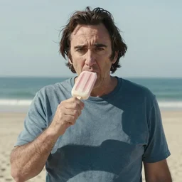 grumpy nicolas cage eating a popsicle on the beach
