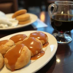 a plate of gravy - covered cookies, served at a restaurant