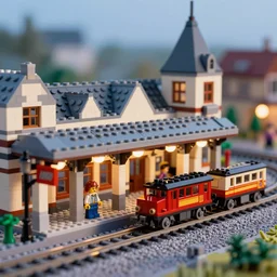 lego town with railway station and train, highly detailed, photo realistic, depth of field, dusk