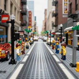 lego city street gritty city street long depth of field photograph street view, looks like new york in lego, like the lego movie