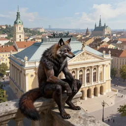 werewolf highly sitting on the opera house at lviv, panorama, highly detailed, full body, digital painting, trending on artstation, concept art, sharp focus, illustration, art by artgerm and greg rutkowski and magali villeneuve