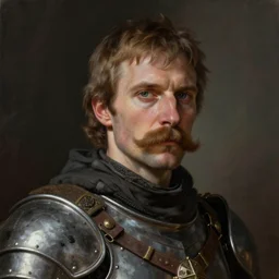 Portrait of a man with a moustache wearing medieval armor, male, detailed face, fantasy, highly detailed, cinematic lighting, digital art painting by greg rutkowski
